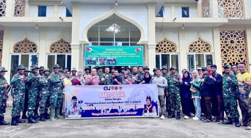 TNI Kodim 0308 Pariaman bersama Kwarran Pramuka 031604 Pariaman Timur menggelar Gerakan ASRI di Mesjid Baiturrahim, Dusun Simpang Raya, Desa Talago Sariak, Minggu pagi (8/2/2026). (Foto: Kominfo Kota Pariaman)