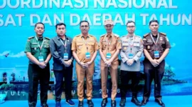 Bupati Solsel Khairunas bersama Wakil Bupati Yulian Efi, Ketua DPRD dan unsur Forkopimda menghadiri Rakornas Pemerintah Pusat dan Daerah Tahun 2026 di SICC, Kabupaten Bogor, Jawa Barat, Senin (2/2/2026). (Foto: Humas Pemkab Solsel)