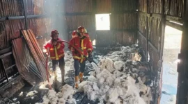 
Petugas Damkar Padang memadamkan api di gudang springbed di Jalan Tui, Kuranji, Senin (2/2/2026). (Foto: Damkar Padang)