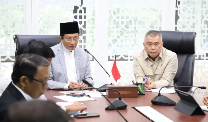 Menag RI Nasaruddin Umar menerima audiensi Menteri Perhubungan Dudy Purwagandhi dan jajaran, diskusi terkait Angkutan Lebaran 2026, Senin (23/2/2026). (Foto: Kemenag)