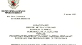 Menaker Yassierli menerbitkan Surat Edaran (SE) Nomor M/3/HK.04.00/III/2026 tentang Pelaksanaan Pemberian Tunjangan Hari Raya Keagamaan 2026 Bagi Pekerja/Buruh di Perusahaan. 