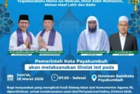 Pemko Payakumbuh menggelar salat Idul Fitri 1447 Hijriah di halaman Kantor Balai Kota Jumat (20/3/2026). (Foto: MC Payakumbuh)