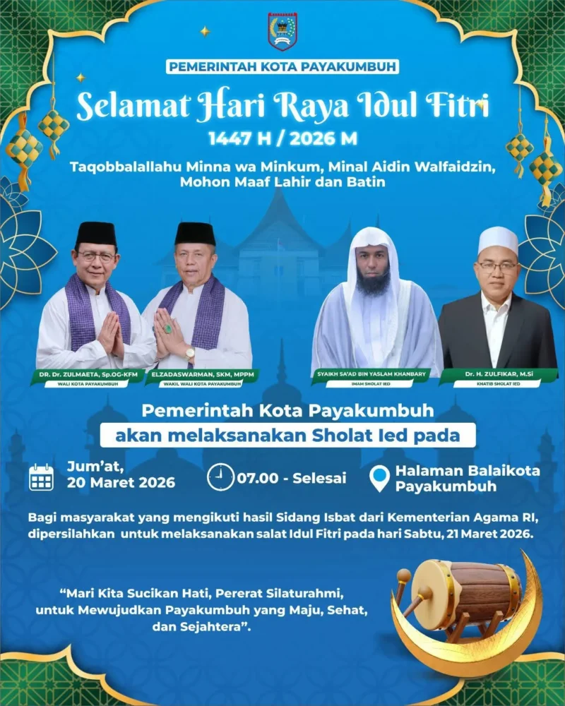 Pemko Payakumbuh menggelar salat Idul Fitri 1447 Hijriah di halaman Kantor Balai Kota Jumat (20/3/2026). (Foto: MC Payakumbuh)