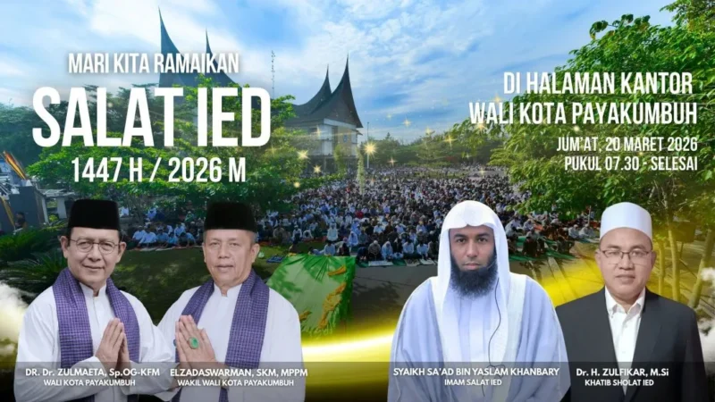 Pemko Payakumbuh akan menggelar Salat Idul Fitri 1447 Hijriah di halaman Balai Kota Payakumbuh pada Jumat, 20 Maret 2026. (Foto: MC Payakumbuh)