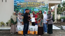 Pemko Payakumbuh menyalurkan bantuan benih jagung unggul kepada kelompok tani di Kantor Dinas Pertanian, Kamis (23/04/2026). (Foto: MC Payakumbuh)