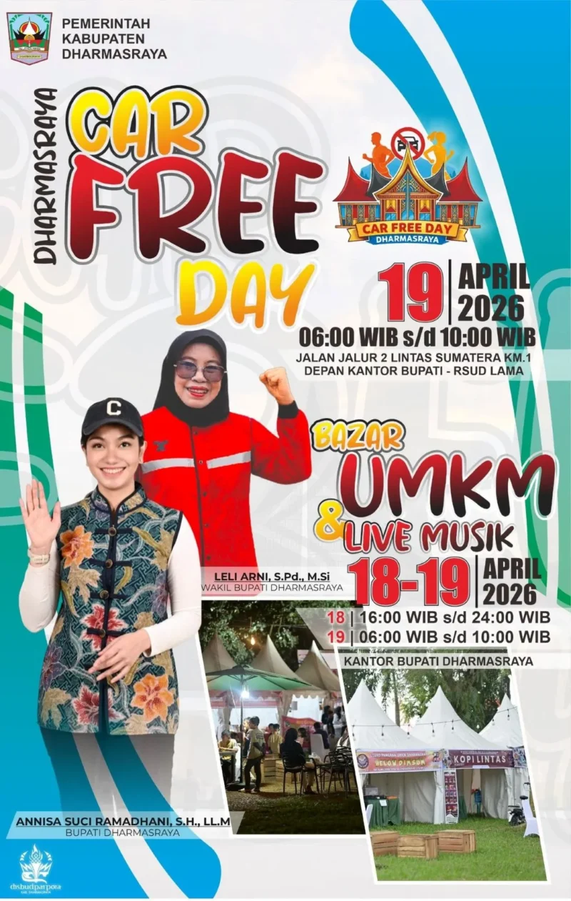 Pemkab Dharmasraya menggelar Car Free Day (CFD) dan Pasar Kuliner pada 18–19 April 2026 di halaman Kantor Bupati Dharmasraya. (Foto: Diskominfo Dharmasraya)
