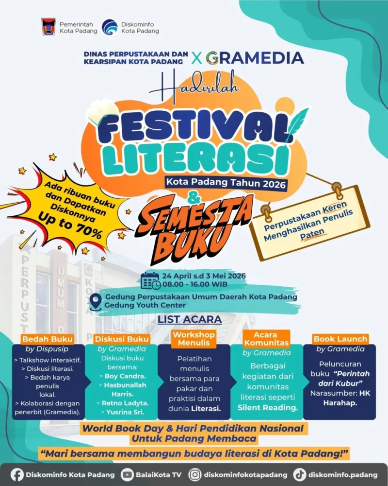 Dinas Perpustakaan dan Kearsipan Kota Padang bekerja sama dengan Gramedia menggelar Festival Literasi Kota Padang 2026 bertajuk “Semesta Buku untuk Padang Membaca”. (Foto: Ist)