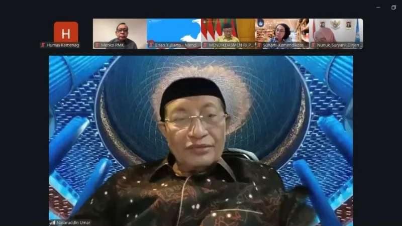 Menteri Agama Nasaruddin Umar dalam Rapat Tingkat Menteri Bidang Pendidikan bersama Menko PMK secara daring, Sabtu (4/4/2026). (Foto: Kemenag)