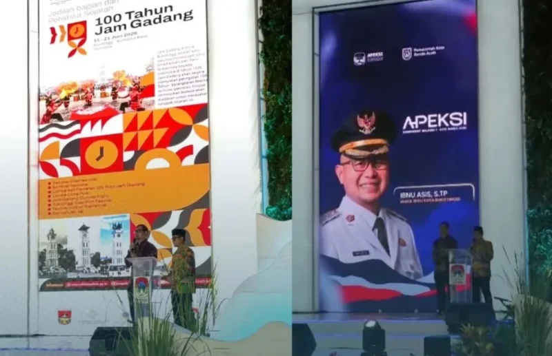 Wakil Wali Kota Bukittinggi, Ibnu Asis bersama Konseptor Peringatan 100 Tahun Jam Gadang, Arif Malin Mudo mempromosikan Event 100 Tahun Jam Gadang dalam Rapat Kerja APEKSI Komisariat Wilayah I. (Foto: Pemko Bukittinggi)