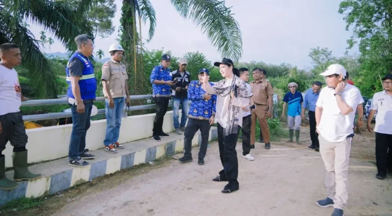 Bupati Dharmasraya, Annisa Suci Ramadhani, meninjau lanjutan pembangunan Jembatan Batang Mimpi di Nagari Sikabau, Kecamatan Pulau Punjung, Senin (4/5/2026). (Foto: Diskominfo Dharmasraya)