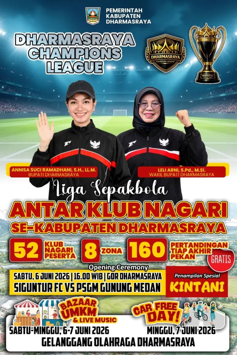 Pemkab Dharmasraya akan menggelar kompetisi sepakbola antar klub nagari bertajuk Dharmasraya Champions League (DCL) mulai 6 Juni 2026. (Foto: Diskominfo Dharmasraya)