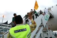 Jemaah calon haji Kloter 13 Embarkasi Padang terbang menuju Jeddah dari BIM, Jumat (8/5/2026). (Foto: Humas Kemenhaj Sumbar)