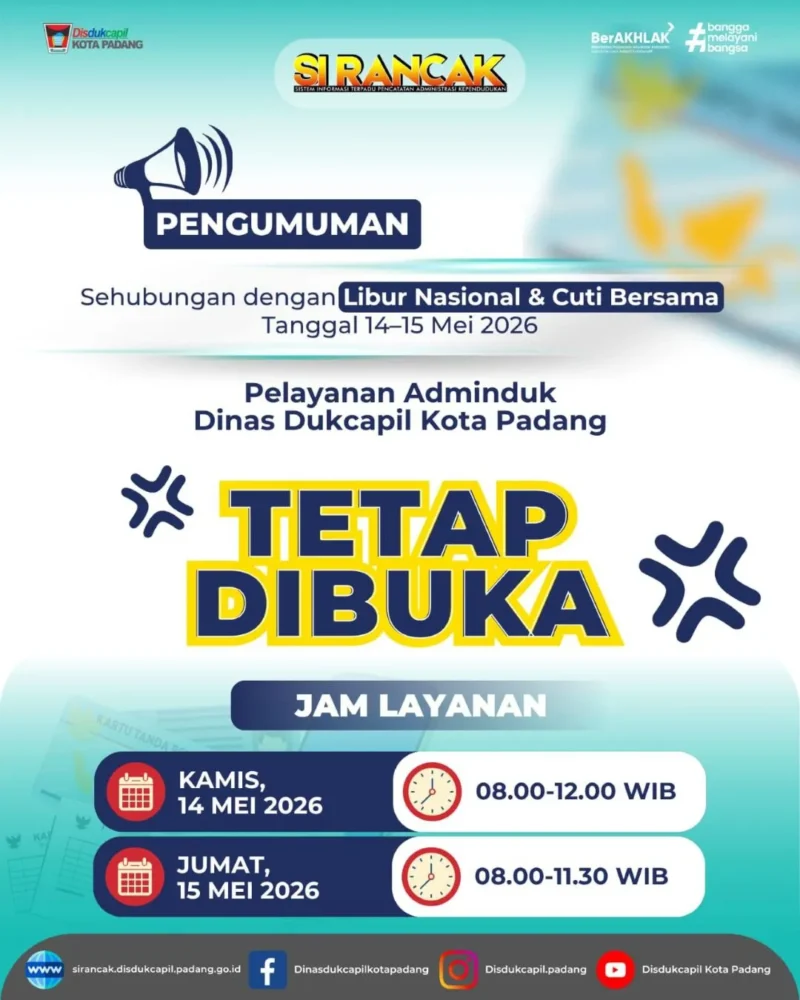 Disdukcapil Padang memastikan layanan Adminduk tetap berjalan meski memasuki Libur Nasional dan Cuti Bersama. (Foto: Diskominfo Padang)