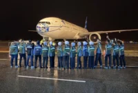 Keberangkatan jemaah haji Kloter 11 menutup fase penerbangan gelombang I Embarkasi Padang pada rute Padang–Madinah. (Foto: Humas Kemenhaj)
