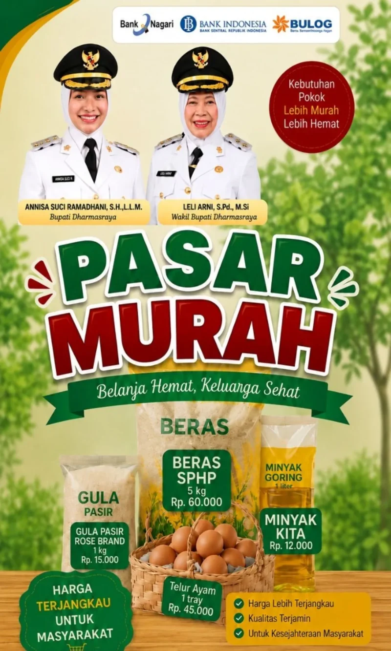 Pemkab Dharmasraya kembali menggelar pasar murah di halaman Masjid Babussalam Nagari IV Koto Pulau Punjung, Jumat (22/5/2026). (Foto: Diskominfo Dharmasraya)