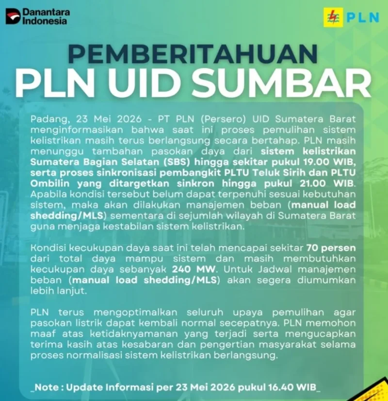 Pasokan listrik baru 70 Persen, pemadaman bergilir berpotensi terjadi. (Foto: PLN UID Sumbar)