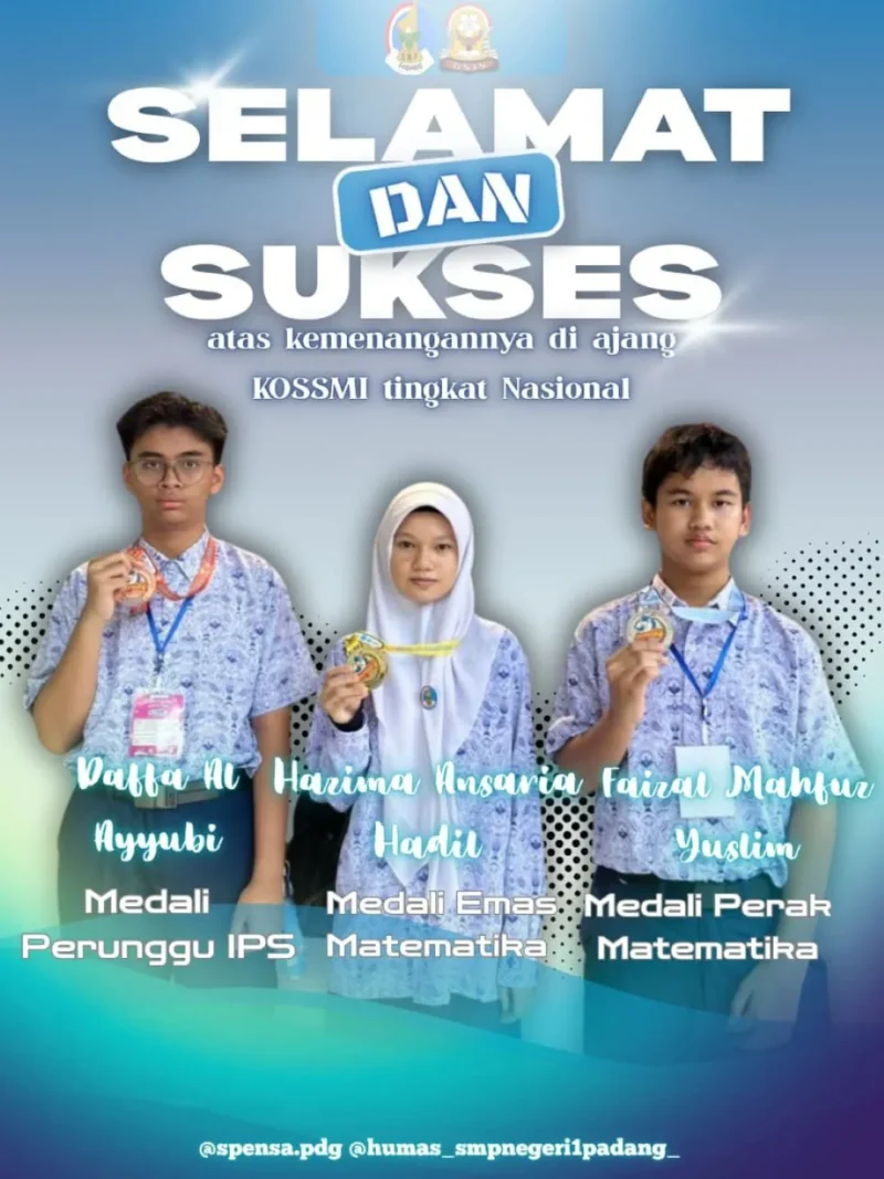 Tiga siswa SMPN 1 Padang mencatatkan prestasi membanggakan pada ajang KOSSMI tingkat nasional di Telkom University Bandung pada 9–10 Mei 2026. (Foto: Ist)