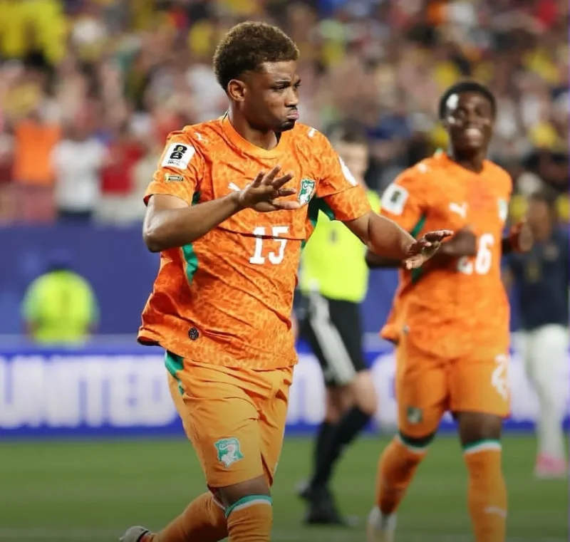 Ahmad Diallo memastikan kemenangan Pantai Gading atas Ekuador pada laga Grup E di Lincoln Financial Field, Philadelphia, Senin (15/6/2026) pagi WIB. (Foto: IG @fifaworldcup)