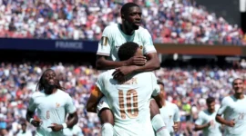 Timnas Prancis Ousmane Dembele merayakan golnya ke gawang Norwegia dalam laga fase grup Piala Dunia FIFA 2026. (Foto: FIFA.com)