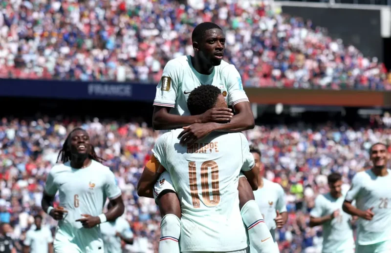 Timnas Prancis Ousmane Dembele merayakan golnya ke gawang Norwegia dalam laga fase grup Piala Dunia FIFA 2026. (Foto: FIFA.com)