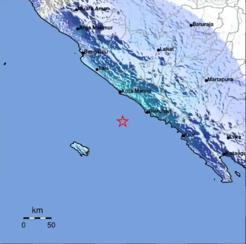 Gempa bumi berkekuatan magnitudo 5,1 mengguncang Kabupaten Kaur, Bengkulu, pada Sabtu (20/6/2026) pagi. (Foto: BMKG)