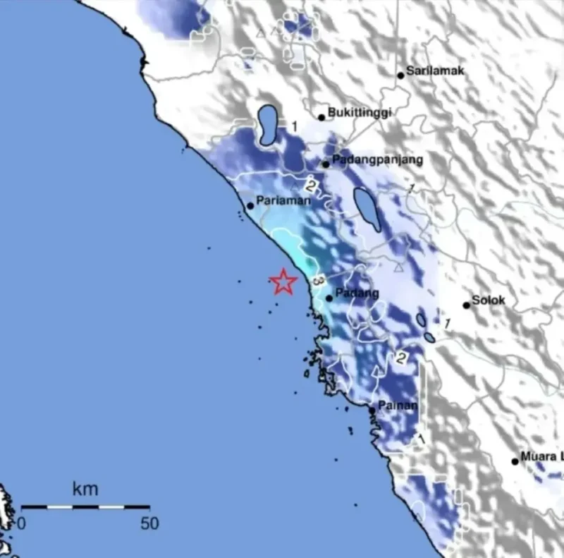 Gempa bumi tektonik berkekuatan magnitudo 4,5 mengguncang Kabupaten Padang Pariaman, Senin (8/6/2026) pukul 13.39 WIB. (Foto: BMKG)