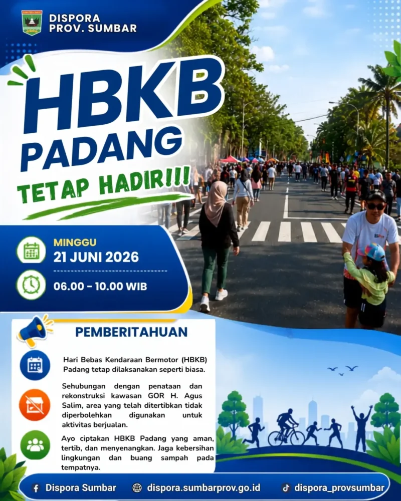 HBKB atau Car Free Day (CFD) di Kota Padang tetap dibuka pada Minggu (21/6/2026). (Foto: IG @dispora_provsumbar)