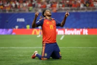 Pemain Spanyol Lamine Yamal melakukan selebrasi usai mencetak gol ke gawang Arab Saudi. (Foto: FIFA.com)