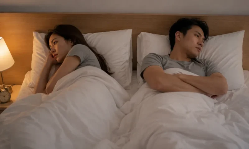 Ilustrasi pasangan yang sedang berbaring berjauhan di tempat tidur. (Foto: AI Generate)
