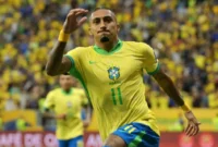 Pemain Brasil, Raphinha melakukan selebrasi usai mencetak gol. (Foto: FIFA.com)