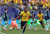 Pemain Timnas Ekuador melakukan selebrasi usai mencetak gol ke gawang Jerman pada laga terakhir Grup E Piala Dunia 2026. (Foto: FIFA.com)