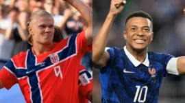 Pemain Timnas Norwegia Erling Haaland dan Pemain Timnas Prancis Kylian Mbappe. (Foto: FIFA.com)