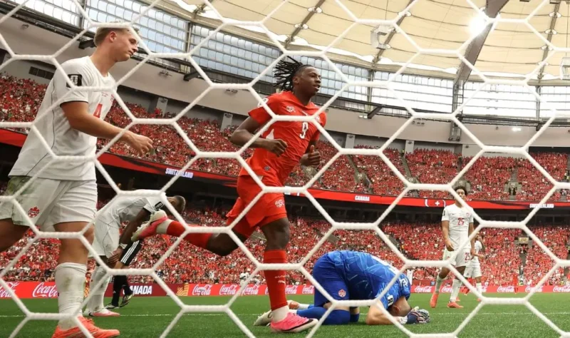 Pemain Timnas Swiss Johan Manzambi usai membobol gawang Kanada dalam pertandingan Grup B Piala Dunia 2026. (Foto: FIFA.com)