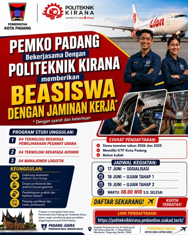 Pemko Padang bekerja sama dengan Politeknik Kirana memberikan beasiswa dengan jaminan kerja di Lion Grup. (Foto: Pemko Padang)