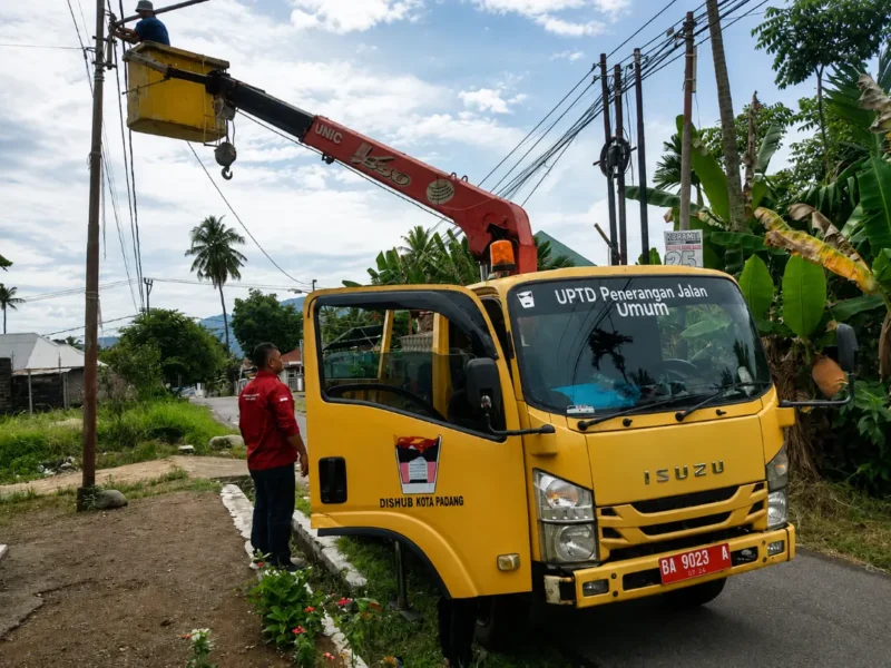 Petugas UPTD PJU Dinas Perhubungan Kota Padang sedang memperbaiki salah satu titik lampu jalan di Kelurahan Koto Lalang. (Foto: Pemko Padang)