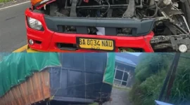 Kondisi truk tangki BBM dan tronton usai terlibat kecelakaan di Jalan Padang Panjang–Bukittinggi kawasan Panyalaian, Rabu pagi (3/6/2026). (Foto: Dok. Satlantas Polres Padang Panjang)