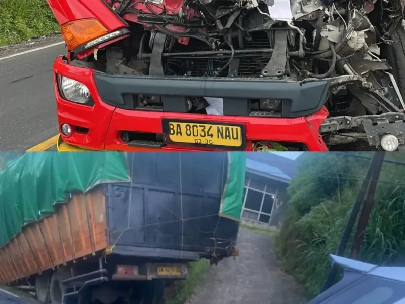 Kondisi truk tangki BBM dan tronton usai terlibat kecelakaan di Jalan Padang Panjang–Bukittinggi kawasan Panyalaian, Rabu pagi (3/6/2026). (Foto: Dok. Satlantas Polres Padang Panjang)