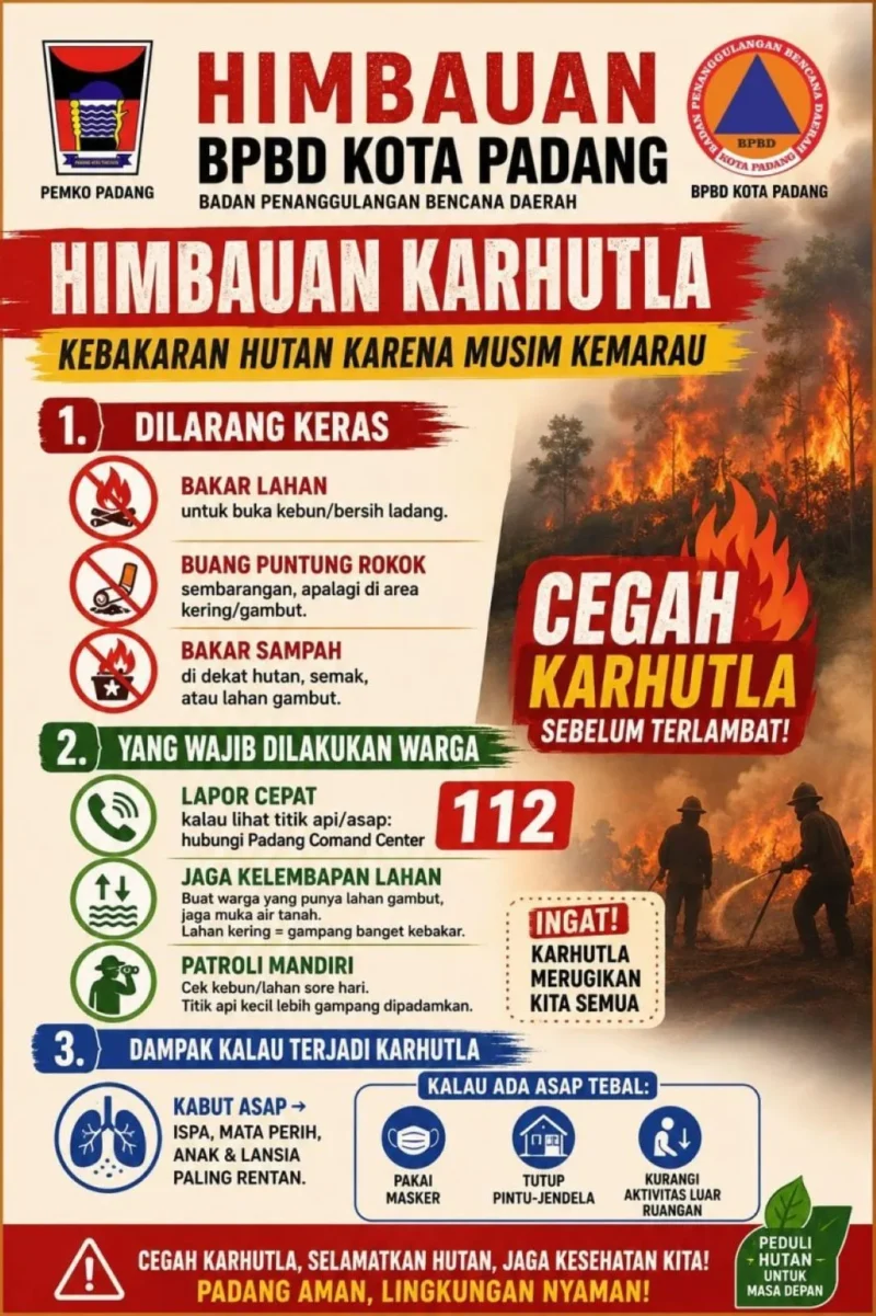 BPBD Padang mengimbau warga waspadai karhutla selama musim kemarau dan segera melaporkan titik api melalui layanan darurat 112. (Foto: BPBD Padang)