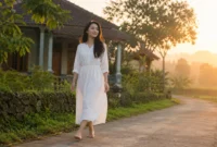 Ilustrasi wanita berjalan tanpa alas kaki. (Foto: AI Generate)
