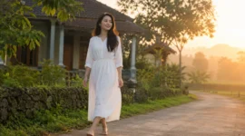Ilustrasi wanita berjalan tanpa alas kaki. (Foto: AI Generate)