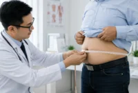 Ilustrasi dokter mengukur lingkar perut pasien. (Foto: AI Generate)