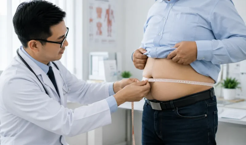 Ilustrasi dokter mengukur lingkar perut pasien. (Foto: AI Generate)