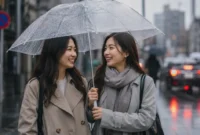 Dua orang wanita berpayung saat hujan. (Foto: AI Generate)