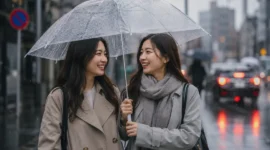 Dua orang wanita berpayung saat hujan. (Foto: AI Generate)