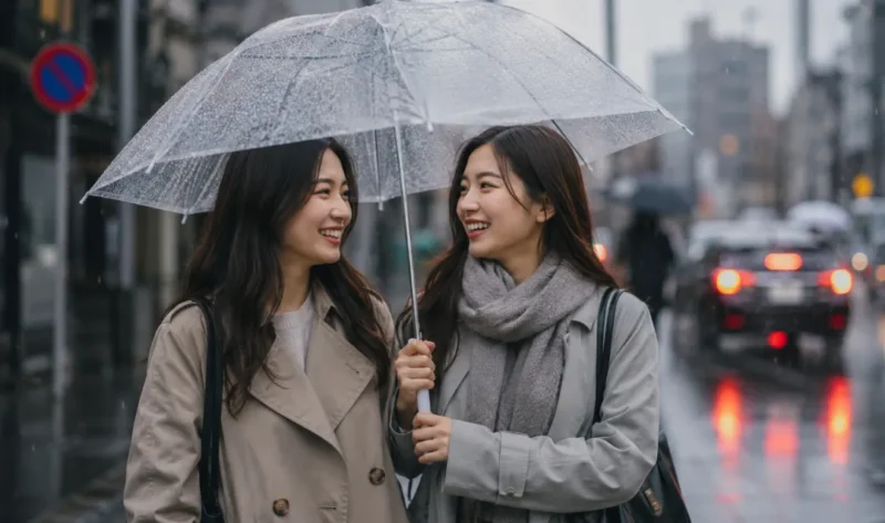 Dua orang wanita berpayung saat hujan. (Foto: AI Generate)