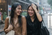 Ilustrasi dua orang wanita berjalan di tengah hujan. (Foto: AI Generate)