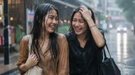 Ilustrasi dua orang wanita berjalan di tengah hujan. (Foto: AI Generate)