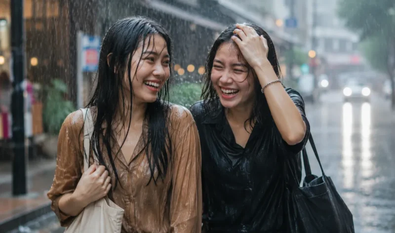 Ilustrasi dua orang wanita berjalan di tengah hujan. (Foto: AI Generate)
