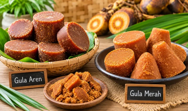 Ilustrasi gula aren dan gula merah. (Foto: AI Generate)