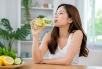 Ilustrasi seorang wanita sedang menikmati infused water. (Foto: AI Generate)